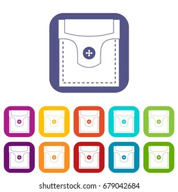 Valve pocket with button icons set vector illustration in flat style In colors red, blue, green and other
