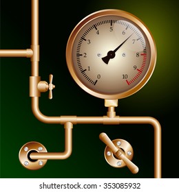 valve, pressure gauge and copper pipes on a green background