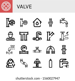 valve simple icons set. Contains such icons as Valve, Plumbing, Faucet, Plumber, Pipe, Air pump, Water tap, Water meter, Drop tower, Oxygen tank, can be used for web, mobile and logo