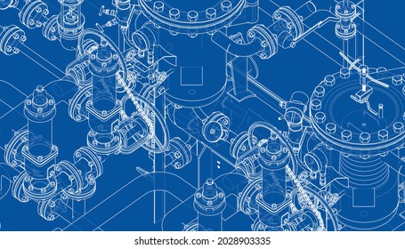 Valves and other industrial equipment. Vector rendering of 3d. Wire-frame style. The layers of visible and invisible lines are separated. Orthography