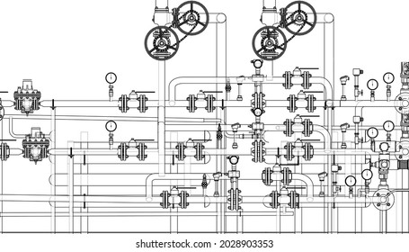 Valves and other industrial equipment. Vector rendering of 3d. Wire-frame style. The layers of visible and invisible lines are separated. Orthography