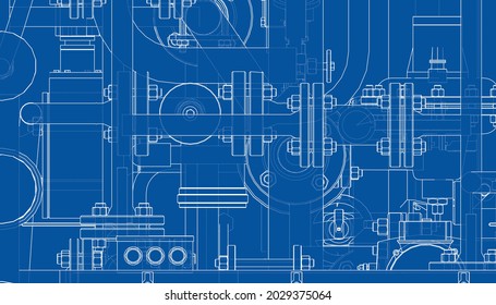 Valves and other industrial equipment. Vector rendering of 3d. Wire-frame style. The layers of visible and invisible lines are separated. Orthography