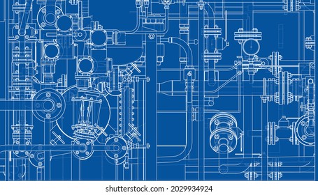 Valves and other industrial equipment. Vector rendering of 3d. Wire-frame style. The layers of visible and invisible lines are separated. Orthography