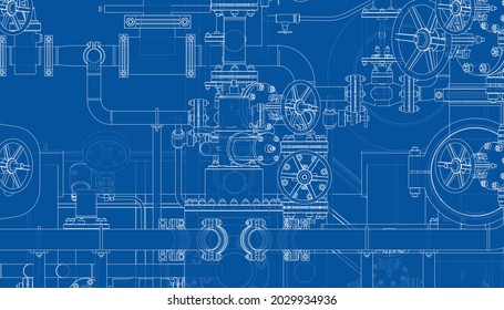 Valves and other industrial equipment. Vector rendering of 3d. Wire-frame style. The layers of visible and invisible lines are separated. Orthography