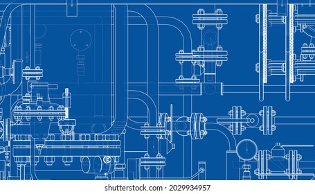 Valves and other industrial equipment. Vector rendering of 3d. Wire-frame style. The layers of visible and invisible lines are separated. Orthography