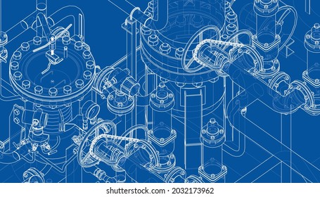 Valves and other industrial equipment. Vector rendering of 3d. Wire-frame style. The layers of visible and invisible lines are separated. Orthography