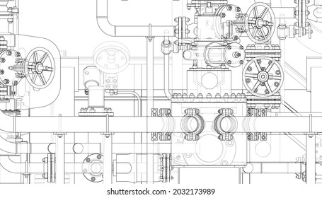 Valves and other industrial equipment. Vector rendering of 3d. Wire-frame style. The layers of visible and invisible lines are separated. Orthography