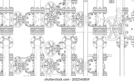 Valves and other industrial equipment. Vector rendering of 3d. Wire-frame style. The layers of visible and invisible lines are separated. Orthography