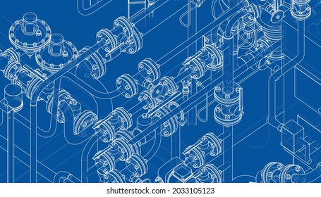 Valves and other industrial equipment. Vector rendering of 3d. Wire-frame style. The layers of visible and invisible lines are separated. Orthography