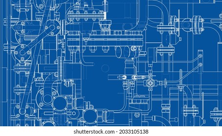 Valves and other industrial equipment. Vector rendering of 3d. Wire-frame style. The layers of visible and invisible lines are separated. Orthography