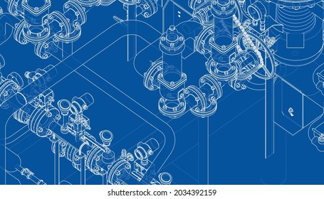 Valves and other industrial equipment. Vector rendering of 3d. Wire-frame style. The layers of visible and invisible lines are separated. Orthography