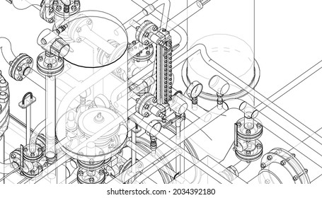 Valves and other industrial equipment. Vector rendering of 3d. Wire-frame style. The layers of visible and invisible lines are separated. Orthography