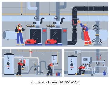 Valves, piping and boiler technicians engineering checking service. Maintenance appliances, repair and inspecting for gas pumping station vector illustration.