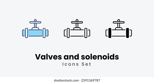 Valves and solenoids Icons set thin line and glyph vector icon illustration
