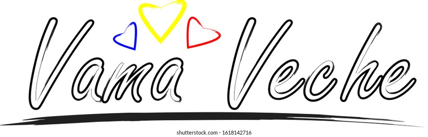 Vama Veche Word Text with Handwritten Font and Red, Yellow and Blue Love Hearts Vector Image Illustration Eps. Word for banners, badges, postcard, t-shirt, prints, posters, label cover or web page.