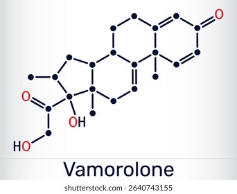 Vamorolone corticosteroid molecule. Synthetic steroid drug, treat Duchenne muscular dystrophy. Skeletal structure. Vector illustration