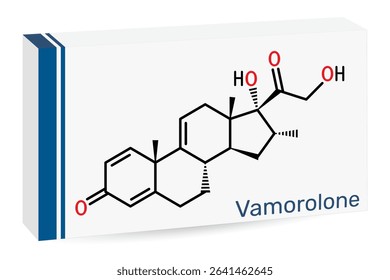 Vamorolone corticosteroid molecule. Synthetic steroid drug, treat Duchenne muscular dystrophy. Skeletal chemical formula. Paper packaging for drugs. Vector illustration 