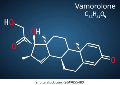 Vamorolone corticosteroid molecule. Synthetic steroid drug, treat Duchenne muscular dystrophy. Skeletal structure, dark blue background