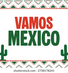 Vamos Mexico Text with Mexican Pattern Border and Cactus Illustration