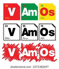 Vamos. Periodic table elements humor. Fabric, textile, t shirt design, pattern. Bag, notebook design. Indoor, outdoor decoration. Message emoji, messaging designs. Color vector designs.