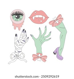 Vamp lips Zombie eye hand leg Mummy hand vector clip-art set isolated on white. Coquette Halloween illustration.