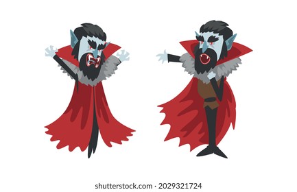 Vampire in Actions Set, Count Dracula Charakter tragen Schwarz und Rot Kape, glückliche Halloween Concept Cartoon Vektorgrafik auf weißem Hintergrund.