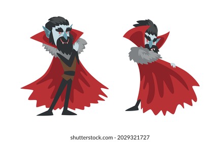 Vampire in Actions Set, Count Dracula Character Wearing Black and Red Cape, Happy Halloween Concept Cartoon Vector Illustration on White Background.