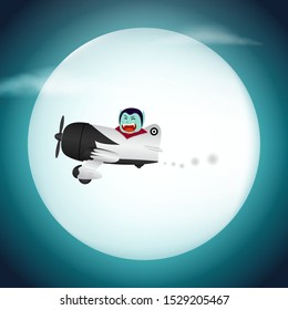  Vampire with airplane flying on full moon background in Halloween night illustration vector