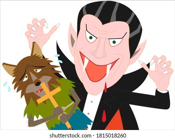 Vampire attacks a werewolf on Halloween Day.