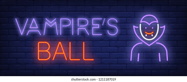 Vampire ball neon text with Dracula. Halloween party invitation advertisement design. Night bright neon sign, colorful billboard, light banner. Vector illustration in neon style.