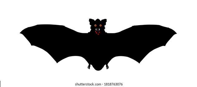 Vampire bat with bloody teeth vector silhouette illustration isolated on white background. Open wings beast. Night animal. Scary symbol. Halloween sign. Blood sucker flying muse. 