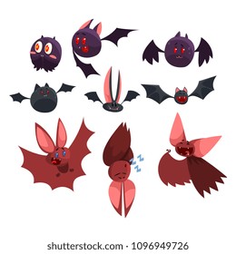 Vampire bat cartoon characters set, funny bats with different emotions vector Illustrations on a white background