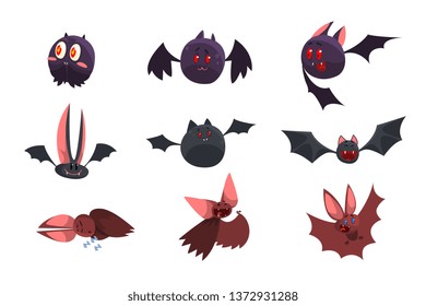 Vampire bat cartoon characters set, funny bats with different emotions vector Illustrations on a white background