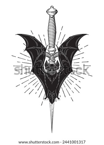 Vampire bat with dagger gothic clipart witch familiar spirit, halloween or pagan witchcraft theme print design vector illustration