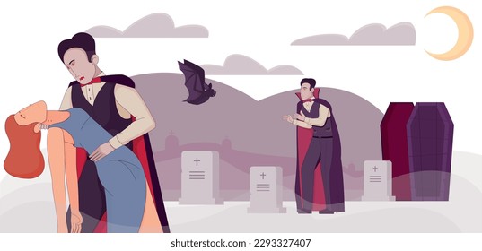 Vampire bat flat composition with cemetery landscape moon clouds and gravestones with mythical characters hunting prey vector illustration
