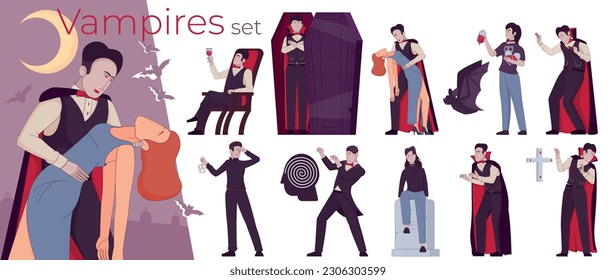 Vampire bat flat composition with set of isolated icons showing mythical undead characters wearing medieval suits vector illustration