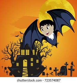 vampire bat flying on the full moon on cemetery with horror pumpkin and dracula castle, trick or treat background, baby vector illustration