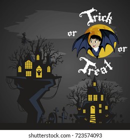 vampire bat flying on the full moon on cemetery with horror pumpkin and dracula castle, trick or treat background, baby  vector illustration