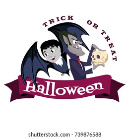 vampire bat flying on the full moon on cemetery with horror pumpkin and dracula castle, trick or treat background, baby vector illustration
