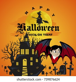 vampire bat flying on the full moon on cemetery with horror pumpkin and dracula castle, trick or treat background, baby vector illustration