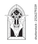 Vampire bat in front of the gothic cathedral window with crescent moon. Witch familiar spirit, halloween or pagan witchcraft theme print design vector illustration