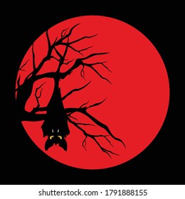 vampire bat hanging on bare tree branch against red full moon - halloween theme vector character design