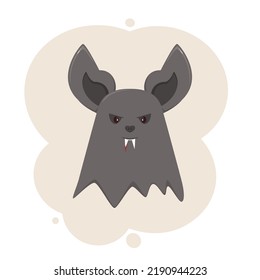 Vampire bat head holiday icon isolated on white background. Halloween bat with traces of blood on its fangs. Illustration is for children's holiday or clothing design, cards, invitations and banner