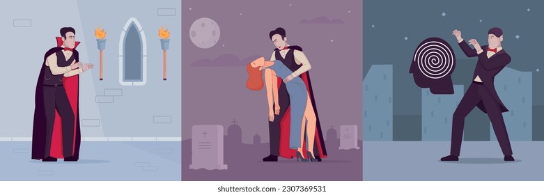 Vampire bat set of three square compositions with spooky landscapes and characters of mythical undead men vector illustration
