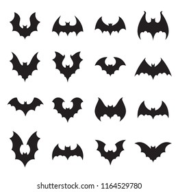 Vampire bat silhouette. Halloween bats decoration, hanging cave flittermouse and scary rearmouse animal, nocturnal holiday night wildlife flight shape vector silhouettes isolated icon collection