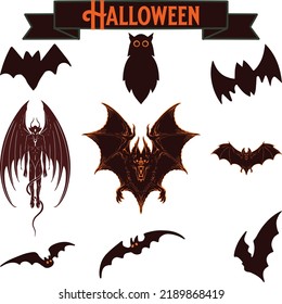 
Vampire bat silhouette. Halloween bats decoration, hanging cave flittermouse and scary rearmouse animal, nocturnal holiday night wildlife flight shape silhouettes isolated icon collection
