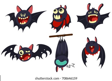 Vampire bat vector cartoon character set isolated on white background. Cute personage with different emotions for Halloween.