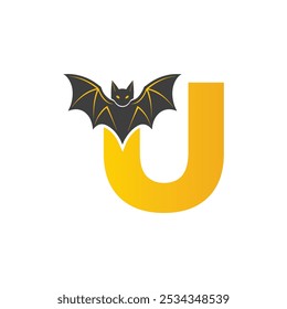 Vampire Bat Vector Illustration with Capital Letter U. Educational Tool for Teaching English Letters .Ubat logo design vector illustration.	