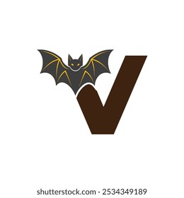 Vampire Bat Vetor Illustration com letra maiúscula V. Ferramenta educacional para o ensino de letras inglesas .V bat logotipo design vetor ilustração.	