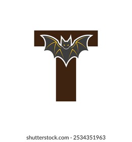 Vampire Bat Vector Illustration with Capital Letter T. Educational Tool for Teaching English Letters .T bat logo design vector illustration.	